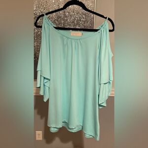 🔴Merry Fun 2XL Soft Teal Cold Shoulder Sleeve Top